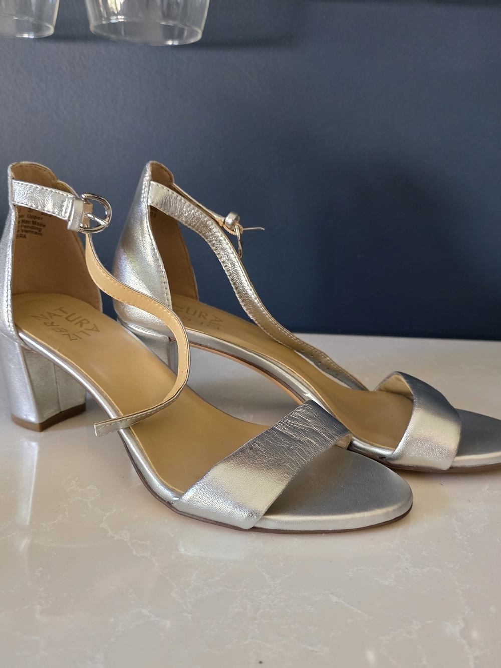 Naturalizer Silver Metallic Block Heel Sandals